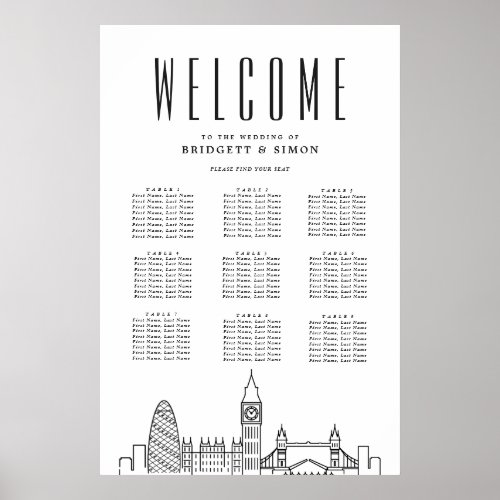 London Wedding  Landmarks 9 Table Seating Chart