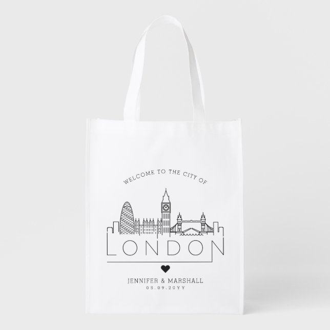 London Wedding | Stylized Skyline Landmarks Grocery Bag (Front)