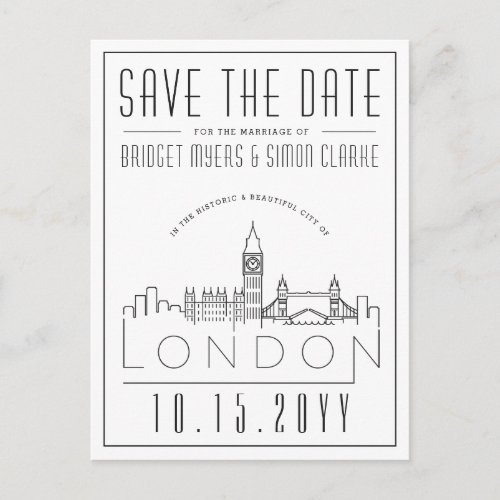 London Wedding  Stylized Skyline Save the Date Postcard