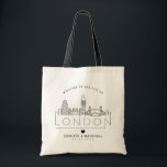 London Wedding Stylized Skyline Tote Bag<br><div class="desc">A unique wedding tote bag for a wedding taking place in the beautiful city of London.  This tote features a stylized illustration of the city's unique skyline including the iconic buildings and landmarks with its name underneath.  This is followed by your wedding day information in a matching open-lined style.</div>