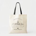London Wedding | Stylized Skyline Tote Bag<br><div class="desc">A unique wedding tote bag for a wedding taking place in the beautiful city of London.  This tote features a stylized illustration of the city's unique skyline with its name underneath.  This is followed by your wedding day information in a matching open lined style.</div>
