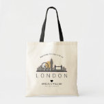 London Wedding | Stylized Skyline Tote Bag<br><div class="desc">A unique wedding tote bag for a wedding taking place in the city of London. This tote features a stylized illustration of the city's unique skyline with its name underneath. This is followed by your wedding day information in a matching open lined style.</div>