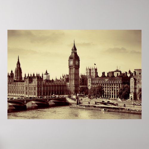 London Westminster with Big Ben and bridge oldlo Poster