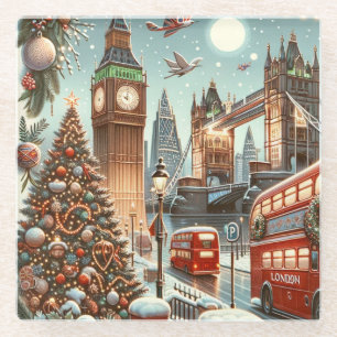 London's Festive Splendor Christmas Scene Glass Coaster