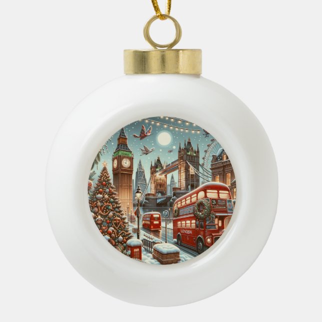 London's Festive Splendor - Vibrant Christmas Car Ceramic Ball Christmas Ornament (Front)