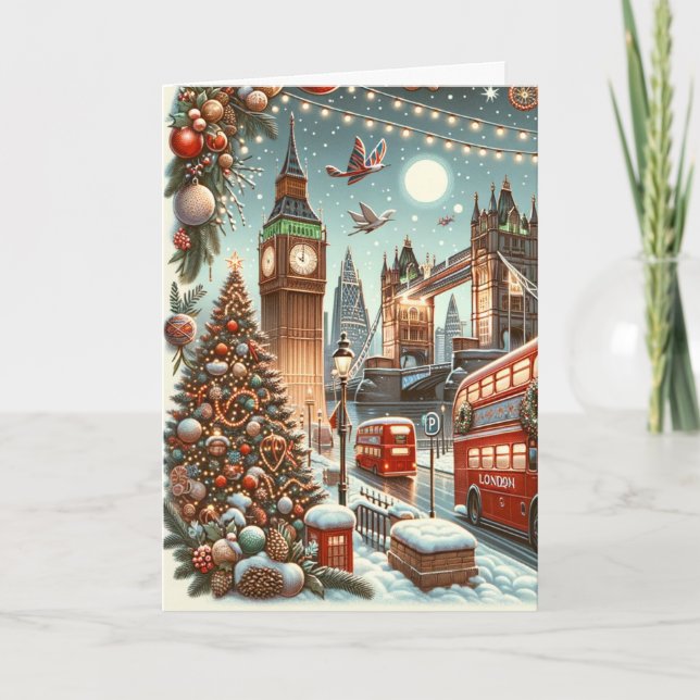 London's Festive Splendor - Vibrant Christmas Car Holiday Card (Front)