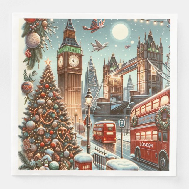 London's Festive Splendor - Vibrant Christmas Car Paper Dinner Napkins (Front)