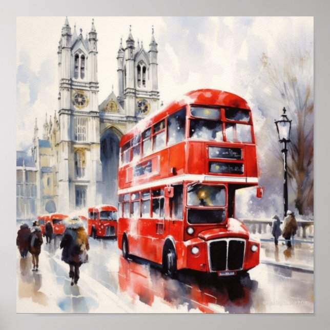  London's Iconic Red Double-Decker Buses, (F) Poster (Front)