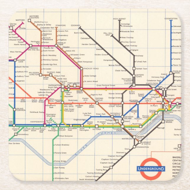 London's Underground Map Square Paper Coaster (Front)