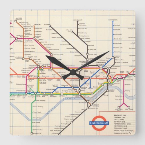 Londons Underground Map Square Wall Clock