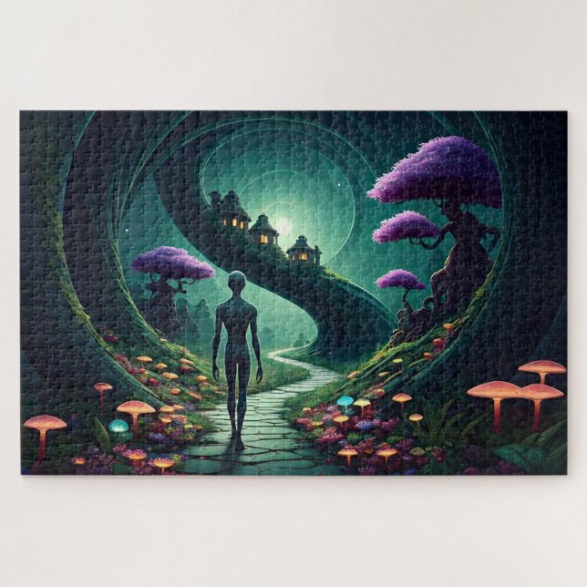 Lone Alien walks the path thru an alien garden Jigsaw Puzzle (Horizontal)