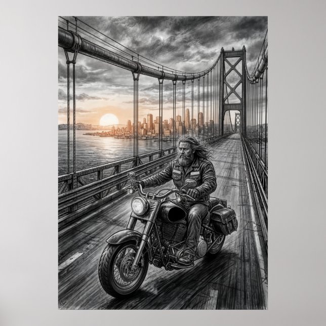  Lone Biker Crosses Suspension Bridge City Skyline Poster (Front)