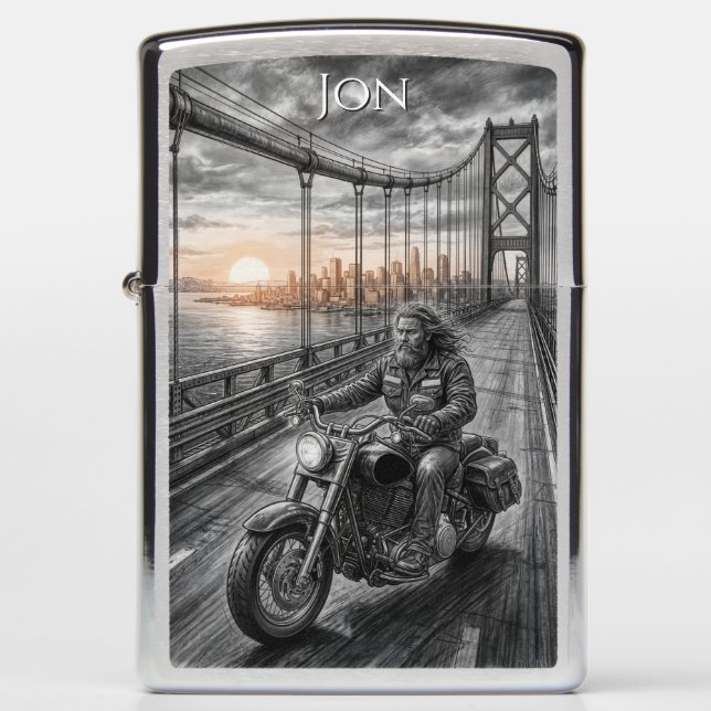  Lone Biker Crosses Suspension Bridge City Skyline Zippo Lighter (Front)