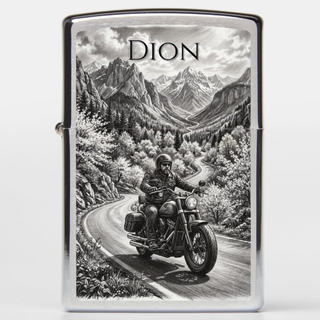 Lone Biker Spring Mountain Road Charcoal Art  Zippo Lighter (Front)