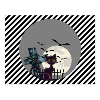 Lone Black Cat in Graveyard with Full Moon Bats Postcard