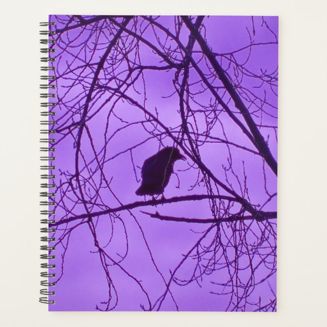 Lone Black Crow Silhouette in Trees Purple Sky