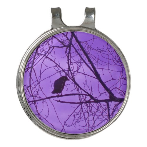 Lone Black Crow Sitting on Tree Branches Purple Golf Hat Clip