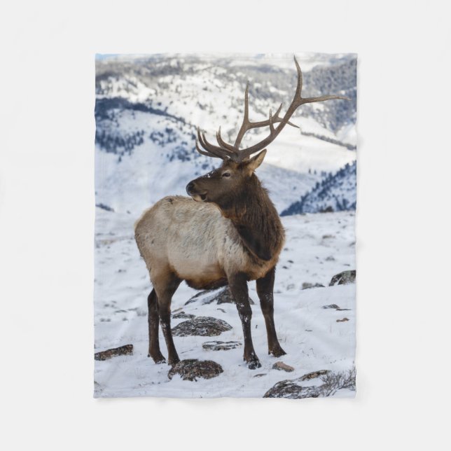Lone Bull Elk in Snow | Yellowstone National Park Fleece Blanket (Front)
