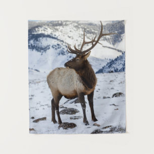 Lone Bull Elk in Snow Yellowstone National Park Tapestry