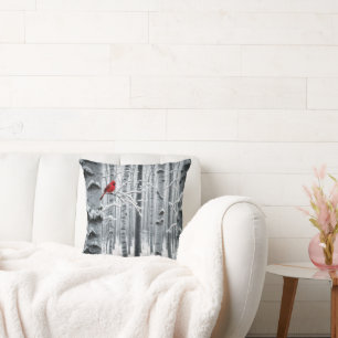 Lone Cardinal In a Birch Tree Forest Throw Pillow