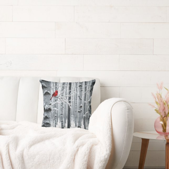 Lone Cardinal In a Birch Tree Forest Throw Pillow (Couch)