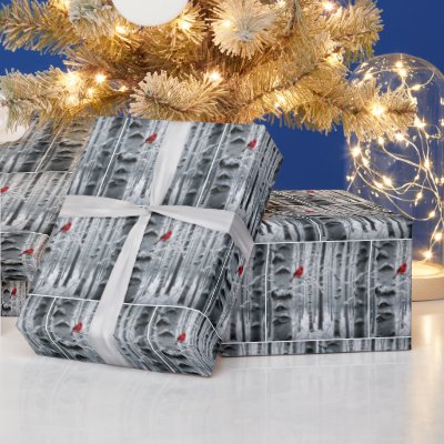 Lone Cardinal In a Birch Tree Forest Wrapping Paper