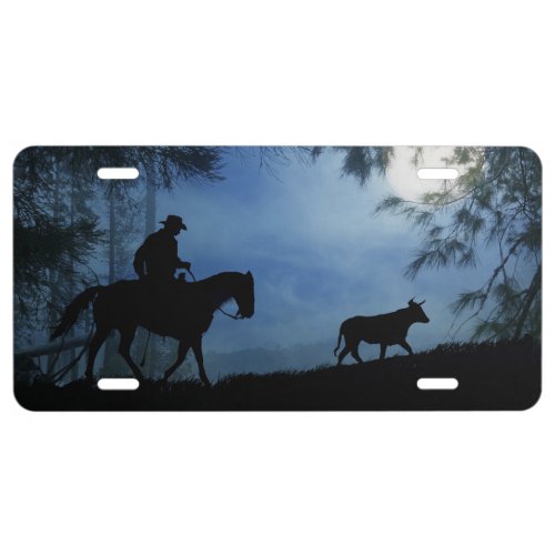 Lone Cowboy and Steer Moonlight License Plate