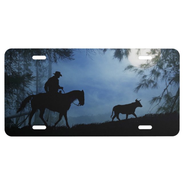 Lone Cowboy and Steer Moonlight License Plate (Front)