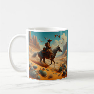 Lone Cowboy in Desert Canyon - Surreal Western Art Coffee Mug