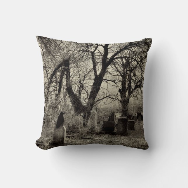 Lone Crow Sitting On A Tombstone Throw Pillow (Front)
