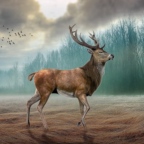 Lone Deer In Misty Forest      Button