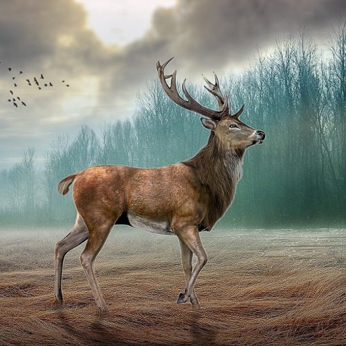 Lone Deer In Misty Forest   Grocery Bag