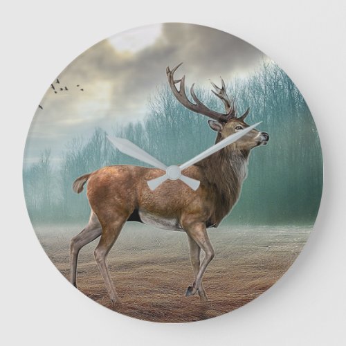 Lone Deer In Misty Forest Large Clock