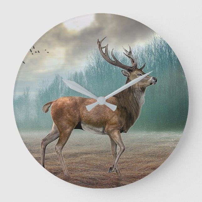 Lone Deer In Misty Forest Large Clock (Front)
