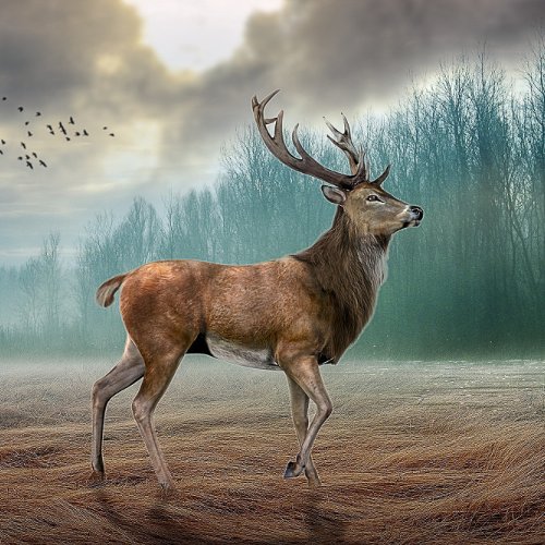 Lone Deer In Misty Forest  Trifold Wallet