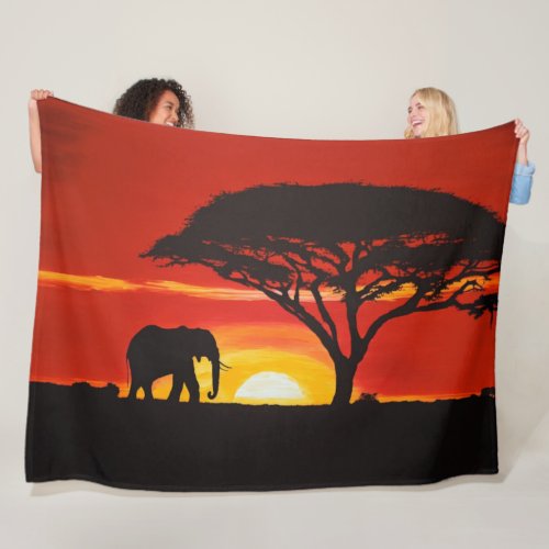 Lone Elephant in an African Sunset Fleece Blanket