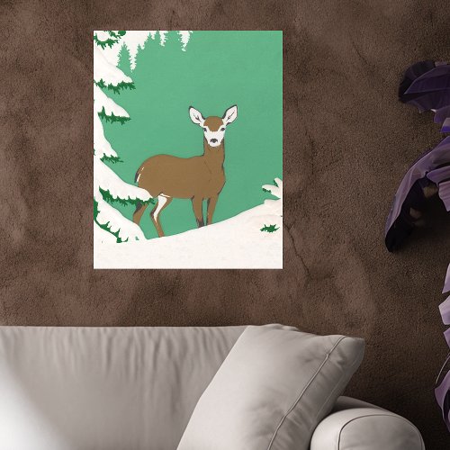 Lone Female Deer White Face in Snow Pine tree Wall Decal