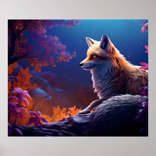 Lone fox night sky poster