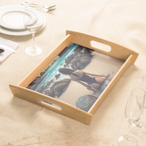 Lone girl on beach Big serving tray