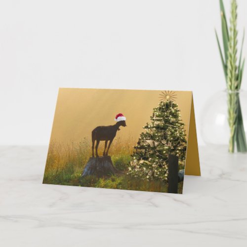 Lone Goat Marvels At Christmas Tree Holiday Card