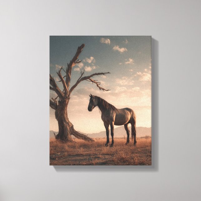 Lone Horse Desert Tree Sunset Art Canvas Print (Front)
