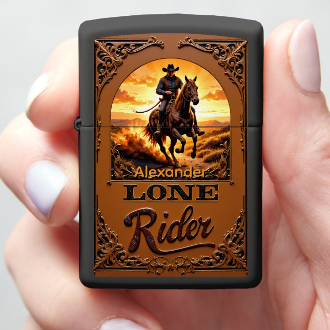 Lone Horse Rider Western Sunset Frame Case Zippo Lighter (In Hand)
