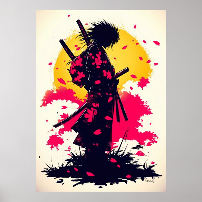 Lone Samurai Among Falling Sakura Poster (Front)