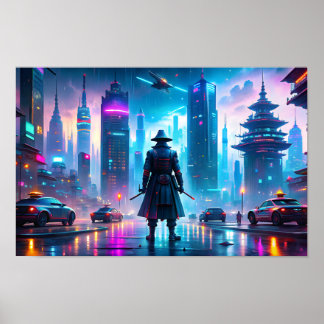 Lone samurai in futuristic city poster