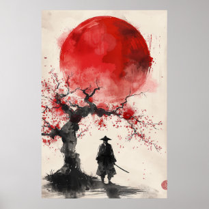 Lone Samurai – Red Sun Japanese Ink Art Poster