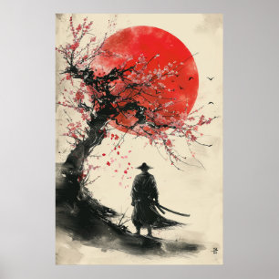 Lone Samurai – Red Sun Japanese Ink Art Poster