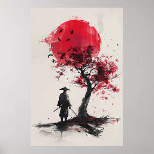  Lone Samurai – Red Sun Japanese Ink Art Poster