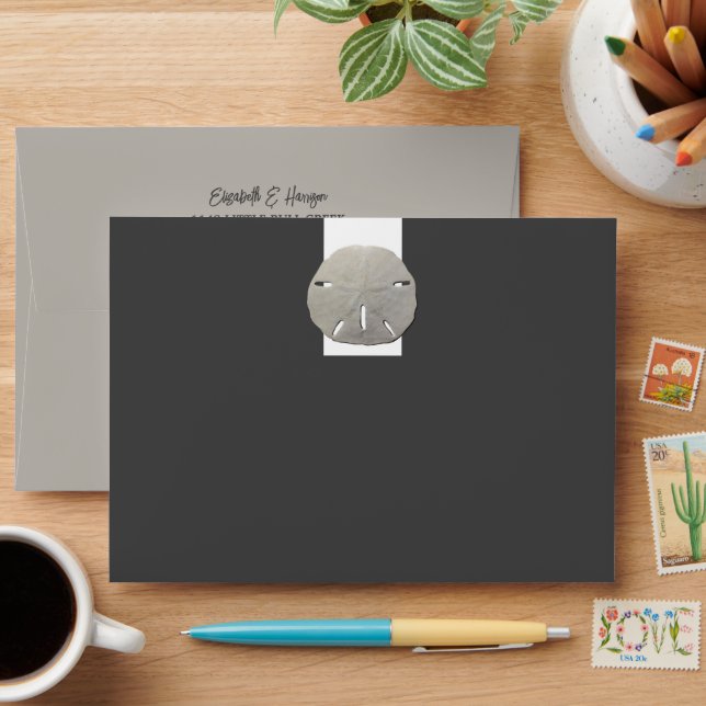 Lone Sand Dollar - Charcoal Gray - Beach Wedding Envelope (Desk)