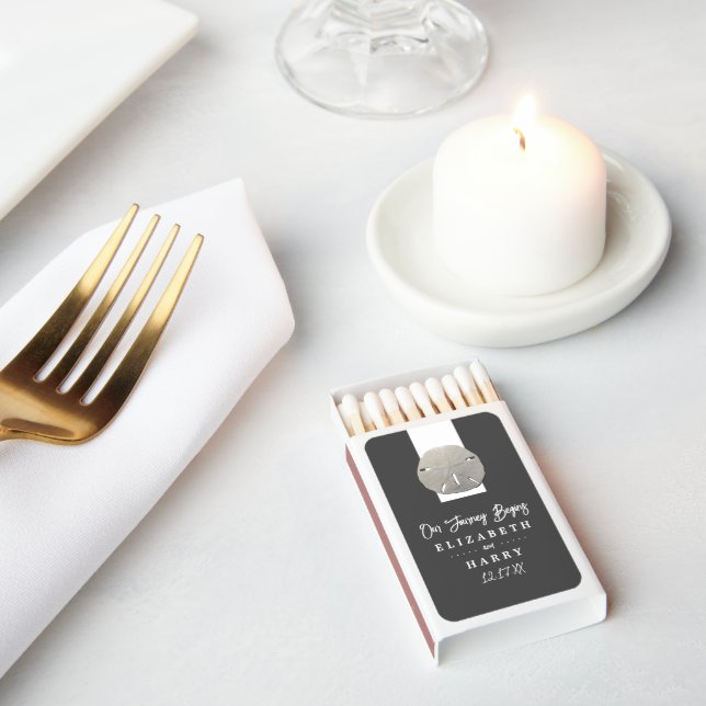 Lone Sand Dollar - Charcoal Gray - Beach Wedding Matchboxes (Insitu)