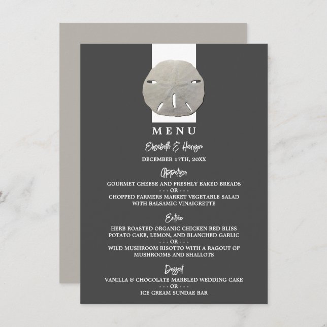 Lone Sand Dollar - Charcoal Gray - Beach Wedding Menu (Front/Back)